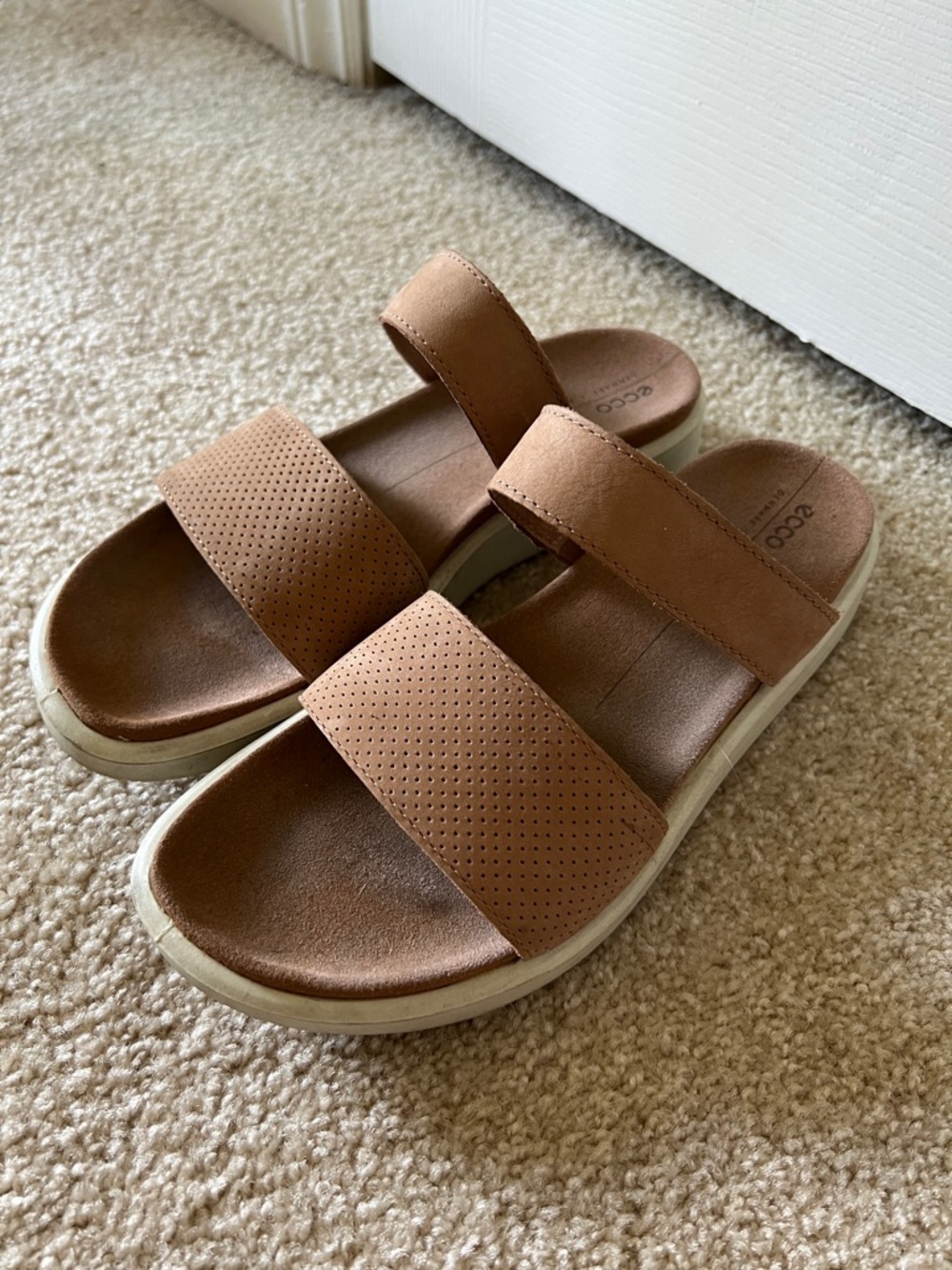 Ecco Brown Leather Double-Strap Slide Sandals